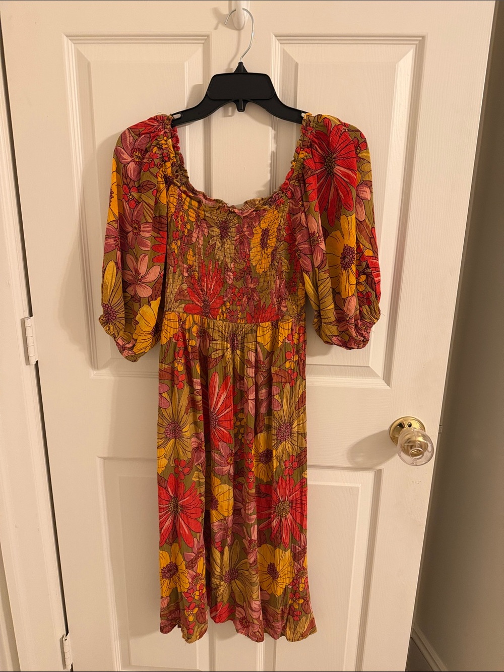 Angie Floral Smocked Midi Dress in Mustard, Red & Pink Blooms